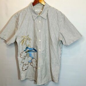 Anthony Caputo Rare Womens Size L Shirt Blouse Striped Embroidered Palm Tree